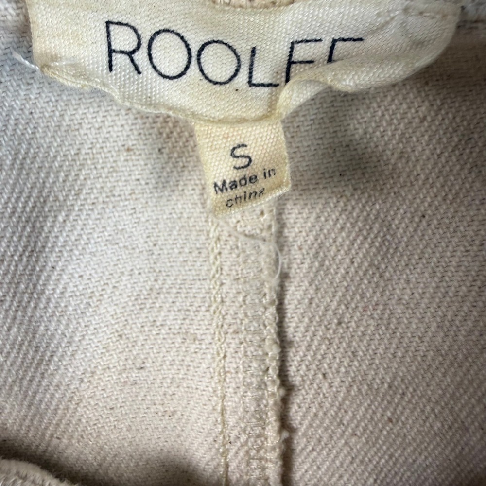 Roolee Cream Cropped Denim Jacket Mixed Media Knit Sleeves Raw Hem Small OI5312 - Picture 7 of 9
